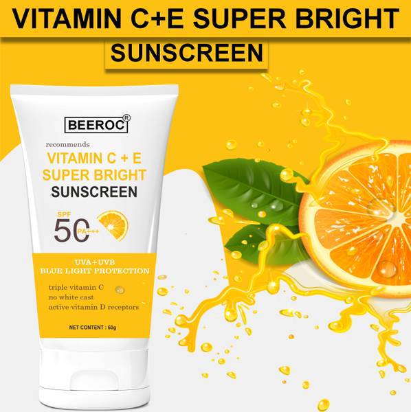 BEEROC Sunscreen - SPF 50++ PA+++ Vitamin C + E Super Bright Sunscreen SPF 50 Combo, Water-Light & No White Cast