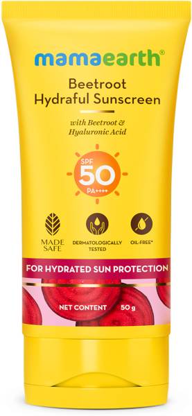Mamaearth Sunscreen - SPF 50 PA++++ Beetroot Hydraful Sunscreen With Hyaluronic Acid | Hydrates Skin | No White Cast