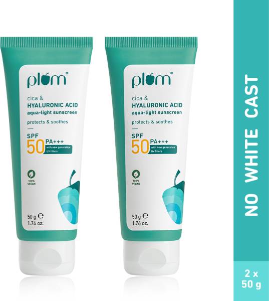 Plum Sunscreen - SPF 50 PA+++ Cica & Hyaluronic Acid Aqua-Light Sunscreen | No White Cast - Pack of 2