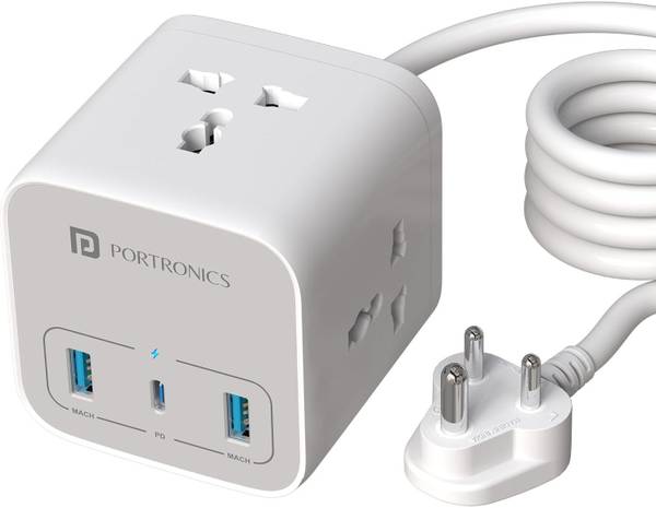 Portronics Volt 20 6-in-1 Power Strip with 1 Type C + 2 Mach USB Ports, 2500W 3 Socket Extension Boards