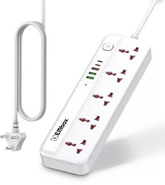 EMBox Multi-Functional Power Strip with 3 USB Ports & 2 Type-C Ports | Compact Design 5 Socket Extension Boards