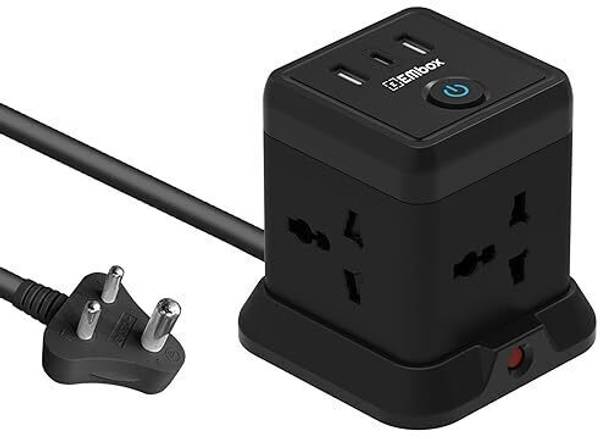 EMBox Black Cube Design Extension Board (4 Sockets + 2 USB + 1 Type C) 4 Socket Extension Boards