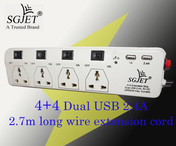 SGJET Dual USB 2.4A 4+4 Extension Strip/Extension Cord/Surge Protector (2.7m Wire) 4 Socket Extension Boards