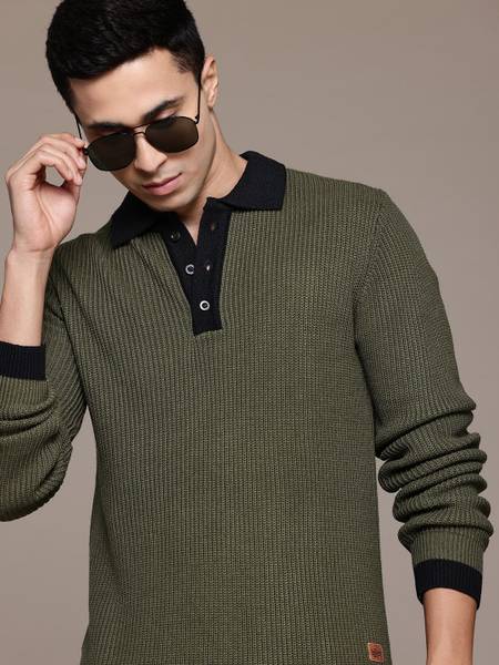 Roadster Solid Crew Neck Casual Men Green Sweater