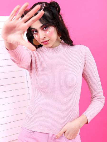 Tokyo Talkies Solid High Neck Casual Women Pink Sweater