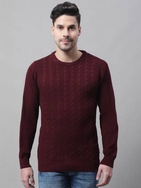 CANTABIL Self Design Round Neck Casual Men Maroon Sweater