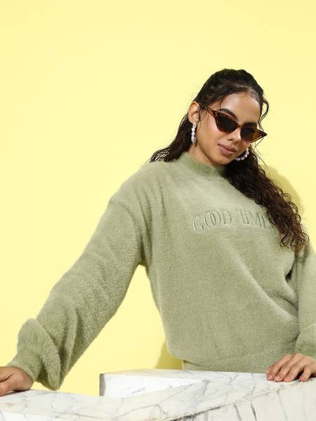 Roadster Self Design Round Neck Casual Women Green Sweater