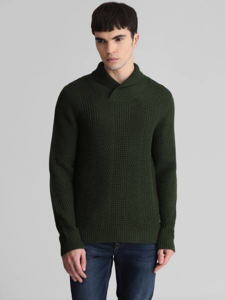 JACK & JONES Self Design Collared Neck Casual Men Green Sweater