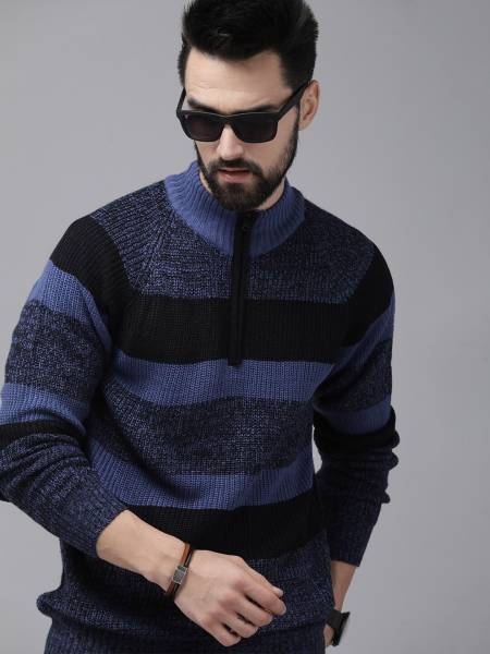 Roadster Striped High Neck Casual Men Blue Sweater