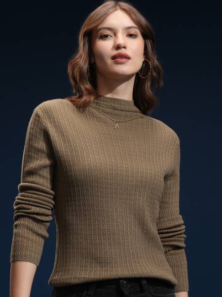 Tokyo Talkies Self Design Round Neck Casual Women Brown Sweater