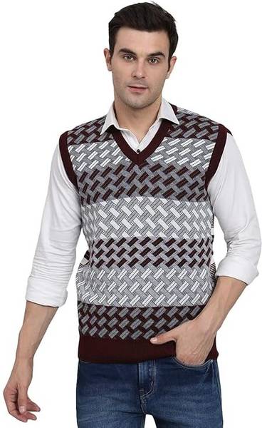 MUSKAN KNITWEAR Checkered V Neck Casual Men Black Sweater