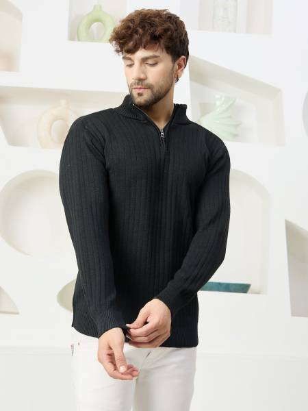 HouseOfCommon Self Design High Neck Casual Men Black Sweater