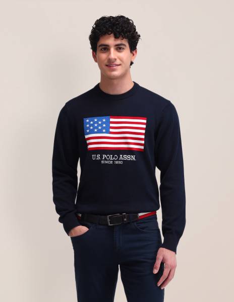 U.S. POLO ASSN. Graphic Print Crew Neck Casual Men Blue Sweater