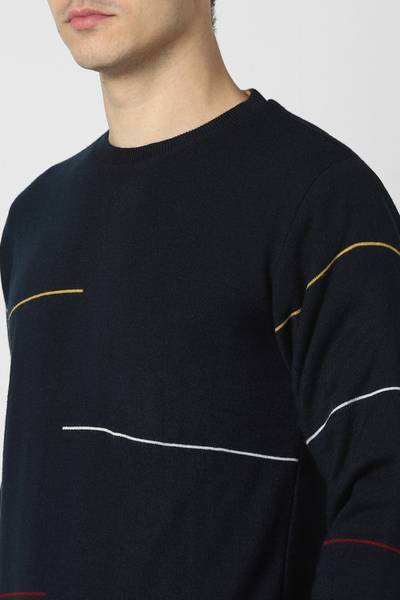 PETER ENGLAND Striped Crew Neck Casual Men Reversible Blue Yellow