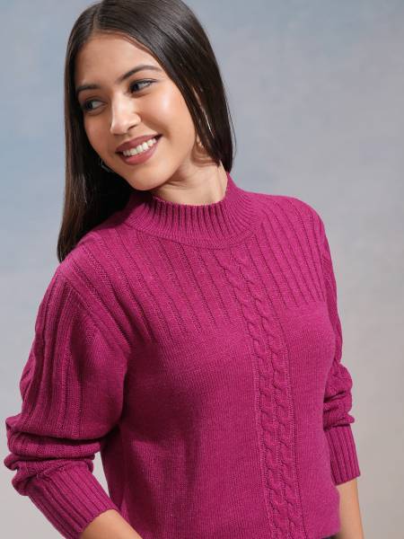 Tokyo Talkies Self Design High Neck Casual Women Pink Sweater