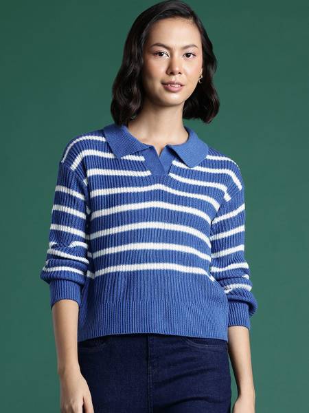 Dressberry Striped Square Neck Casual Women Blue, White Sweater