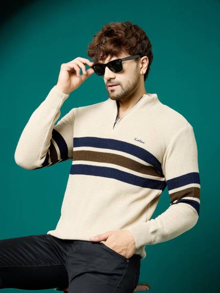 KVETOO Colorblock High Neck Casual Men Brown Sweater