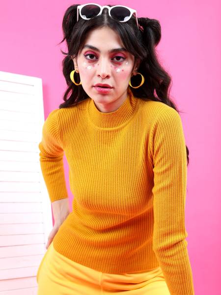 Tokyo Talkies Solid High Neck Casual Women Yellow Sweater