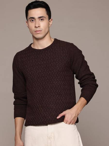 Roadster Self Design Round Neck Casual Men Brown Sweater