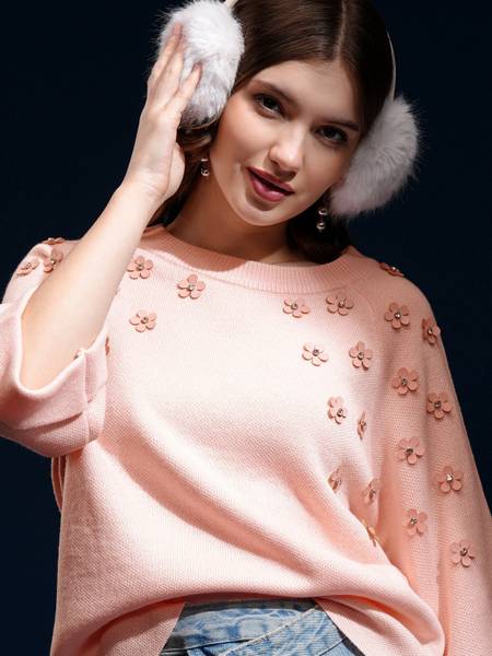 Tokyo Talkies Self Design Round Neck Casual Women Pink Sweater