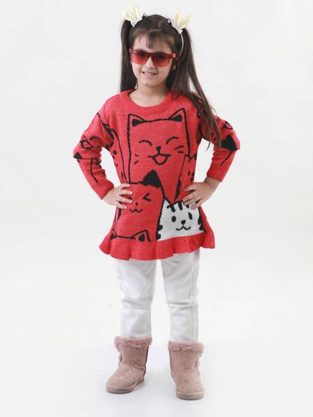 Knitco Solid Round Neck Casual Girls Red Sweater