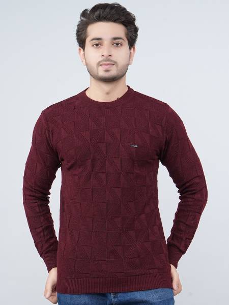 FEVERFEW Self Design Round Neck Casual Men Maroon Sweater