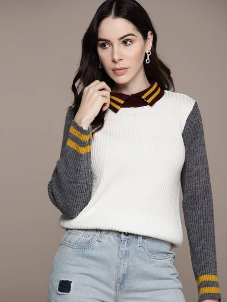 Roadster Colorblock Round Neck Casual Women White Sweater