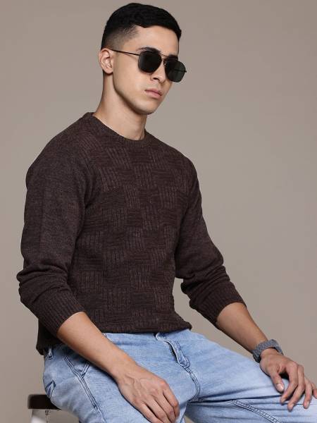 Roadster Self Design Round Neck Casual Men Brown Sweater