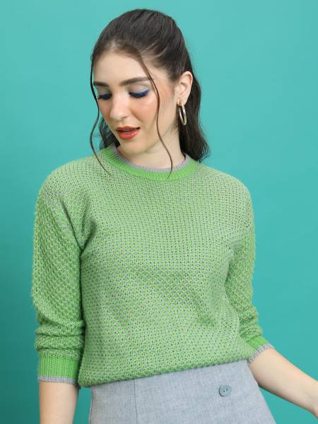 Tokyo Talkies Self Design Round Neck Casual Women Green Sweater