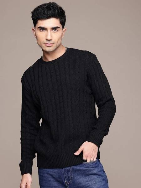 Roadster Self Design Round Neck Casual Men Black Sweater