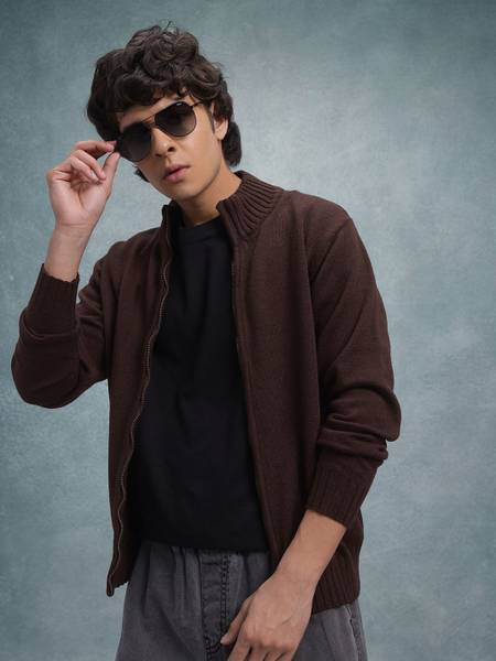 Roadster Solid High Neck Casual Men Brown Sweater