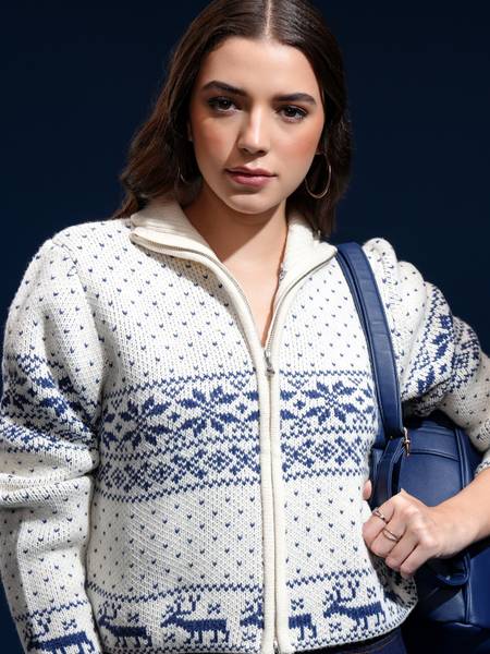 Tokyo Talkies Self Design Collared Neck Casual Women White Sweater