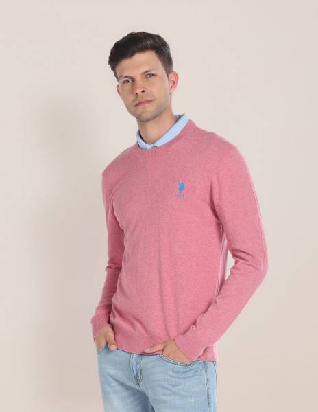 U.S. POLO ASSN. Self Design Round Neck Casual Men Pink Sweater