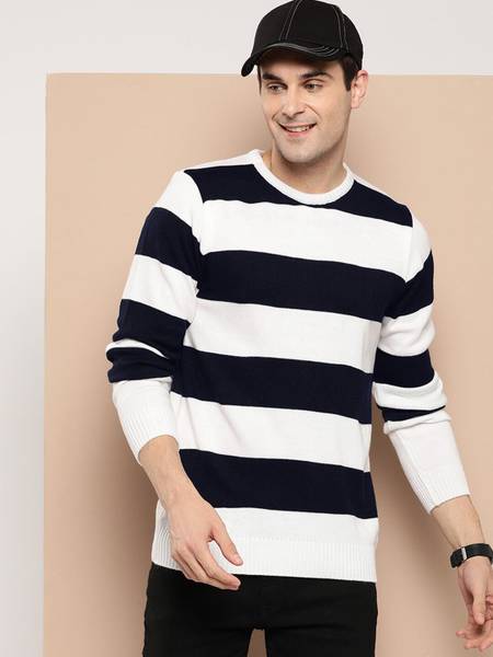HERE&NOW Woven Round Neck Casual Men White Sweater