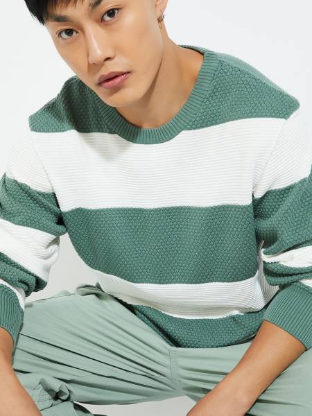 MAX Striped Round Neck Casual Men Green Sweater