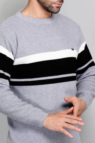 eWools Checkered Round Neck Casual Men Grey Sweater