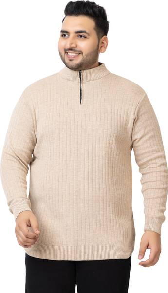 KVETOO Striped High Neck Casual Men Beige Sweater