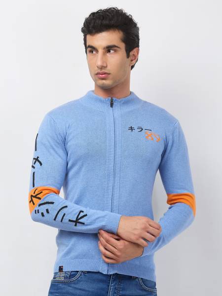 KILLER Colorblock High Neck Casual Men Light Blue Sweater