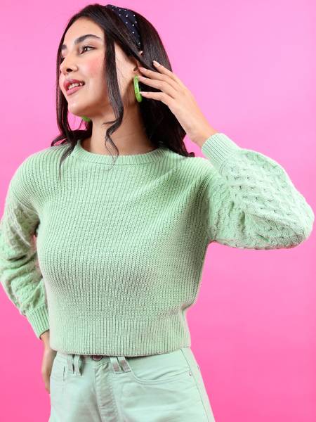 Tokyo Talkies Solid Round Neck Casual Women Green Sweater