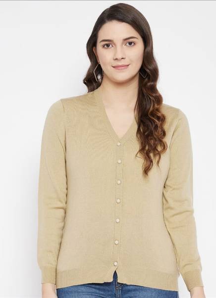 Coldplay Solid V Neck Casual Women Beige Sweater