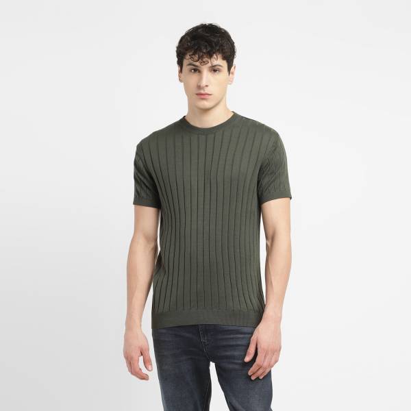LEVI'S Striped Crew Neck Casual Men Green Sweater