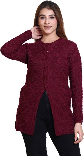 Winter knit Self Design Round Neck Casual Women Purple Sweater