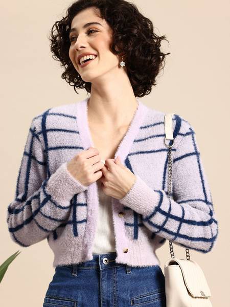 Mast & Harbour Checkered V Neck Casual Women Purple Sweater