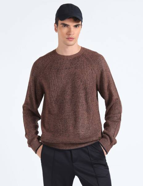 FLYING MACHINE Self Design Crew Neck Casual Men Brown Sweater