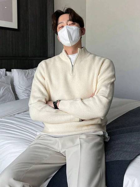 ColorChakra Self Design High Neck Casual Men White Sweater