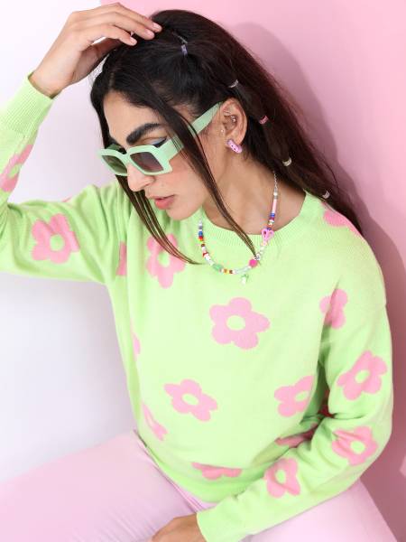 Tokyo Talkies Floral Print Round Neck Casual Women Light Green Sweater