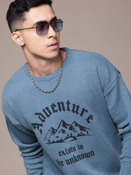 Roadster Printed Round Neck Casual Men Blue Sweater