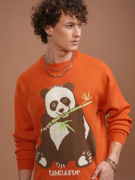 HIGHLANDER Printed Round Neck Casual Men Orange Sweater