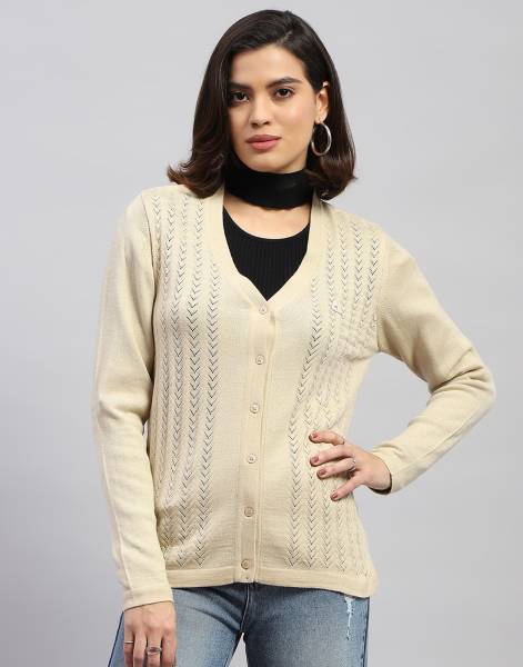 MONTE CARLO Self Design V Neck Casual Women Beige Sweater