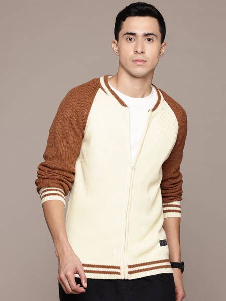 Roadster Printed Round Neck Casual Men White Sweater